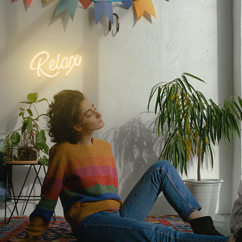 Relax Neon Sign Unique Art Ornaments with Dimmable Switch, 5V USB Powered Cool Neon Relax Signs for Wall Decor, Bedroom, Living Room, Bathroom Decoration Valentine's Day SPA Decor (Warm White)