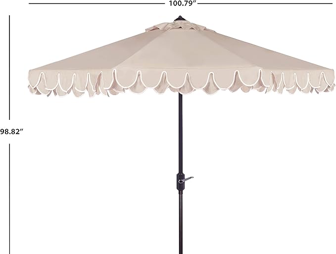 SAFAVIEH 9ft Outdoor Patio Umbrella, Round, Valance, Beige & White Trim, Auto Crank Tilt, UV Resistant for Deck, Backyard, Poolside (PAT8006C)