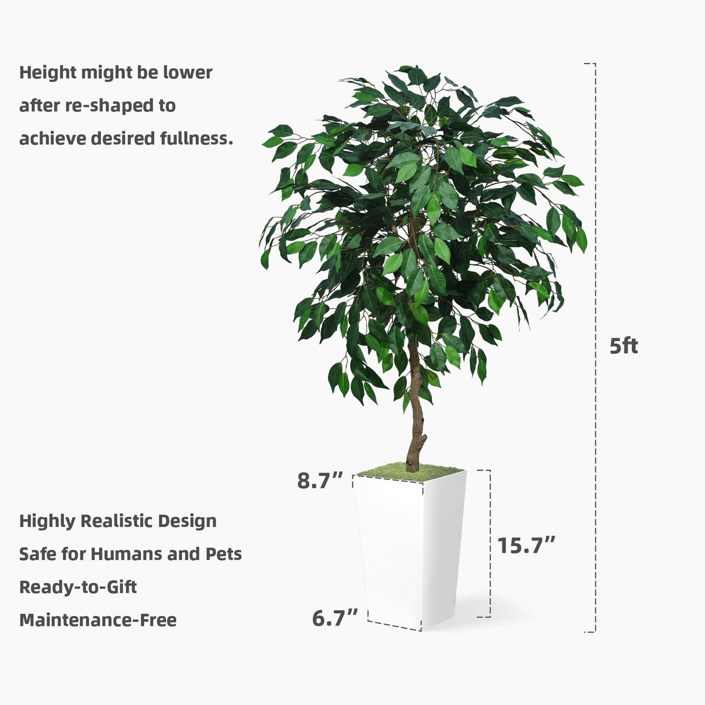 ASTIDY Artificial Ficus Tree 5FT - Faux Indoor Tree with Black Tall Planter - Fake Ficus Floor Plant in Pot - Artificial Silk Tree for Home Office Living Room Decor Indoor