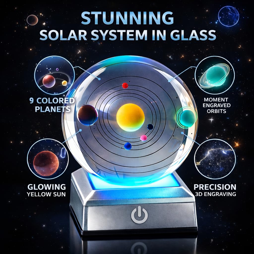 Zerelys 3D Crystal Ball Lamp Night Light, 3.15" Crystal Figurine Lamp Gifts for Women Wife Girlfriend Kid Romantic Room Decor, Birthday Gifts (3D Solar System)