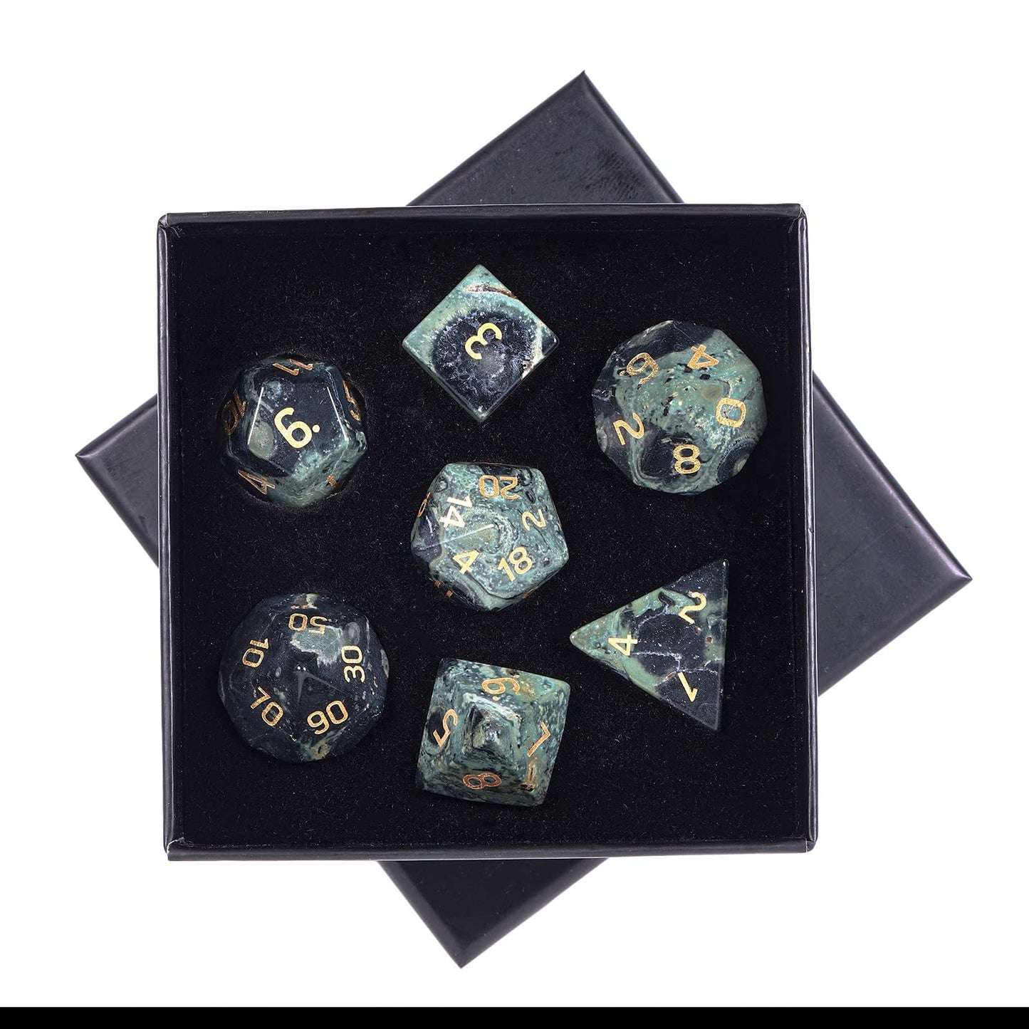 mookaitedecor 7 PCS Kambaba Jasper Crystal Polyhedral DND Dice Set, Polished Tumbled Stones Dices for RPG MTG Table Games Home Decoration