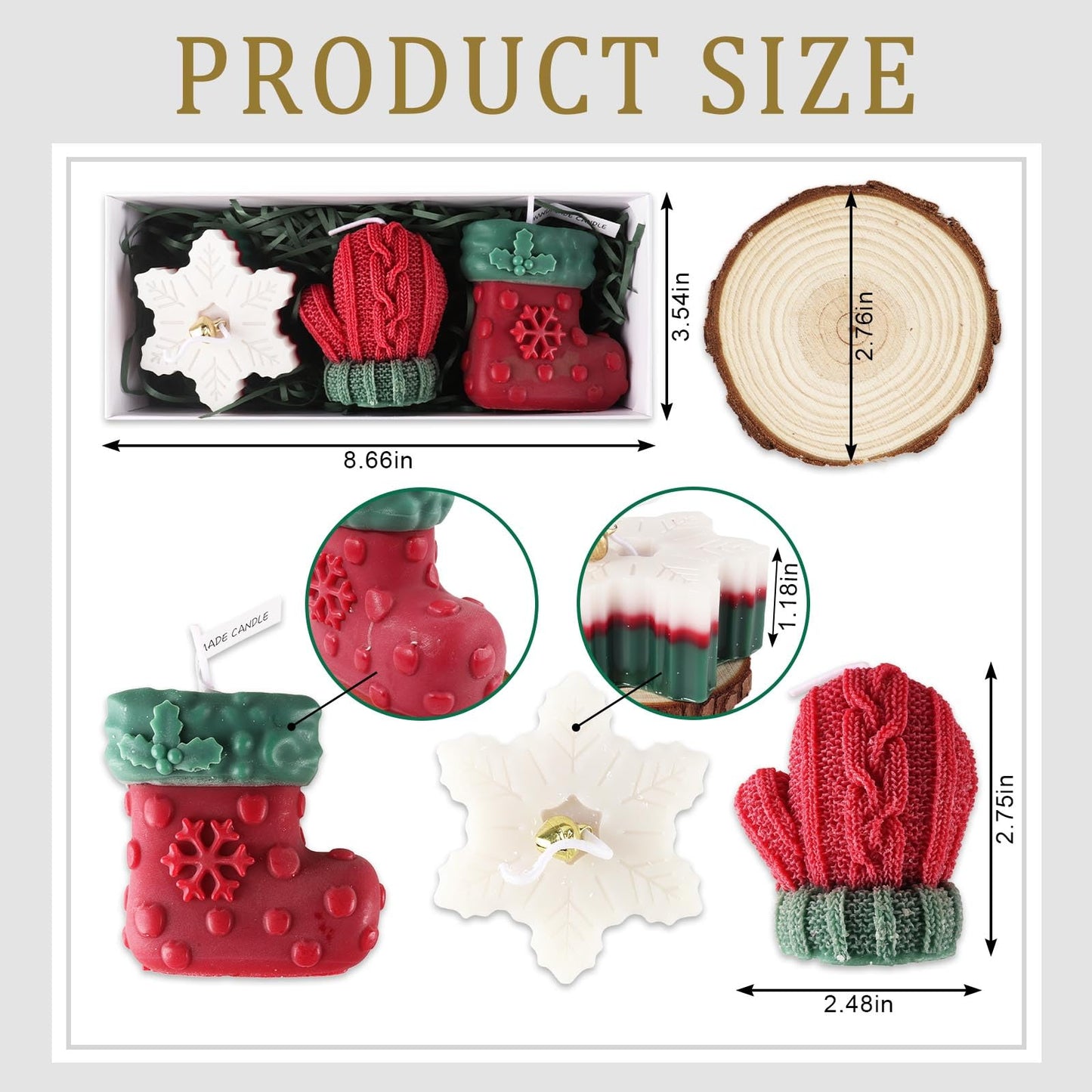 3 Pcs Christmas Snowflake Candles for Table Decorations, Premium Natural Christmas Snow Stocking Glove Shaped Taper Candles with Cotton Wick for Xmas Holiday Party Supplies