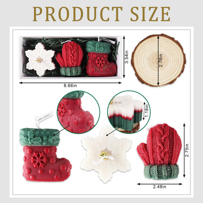 3 Pcs Christmas Snowflake Candles for Table Decorations, Premium Natural Christmas Snow Stocking Glove Shaped Taper Candles with Cotton Wick for Xmas Holiday Party Supplies