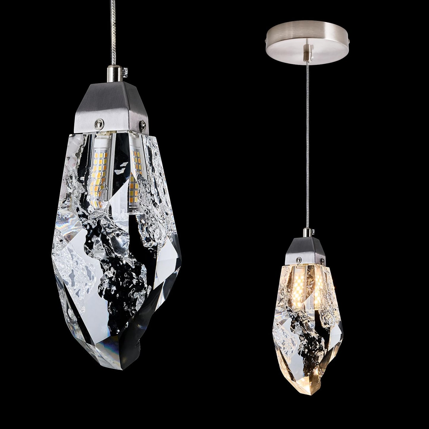 MERINEA Brushed Nickel Crystal Pendant Light with Prism K9 Crystals, Modern LED Kitchen Island Hanging Light Fixture Adjustable Single Pendant Chandelier for Dining Room, Bedroom, Bathroom, Bar