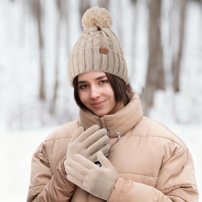 Women Winter Knit Warm Hat Beanie Gloves Set Pom Fleece Lined Hat with Touchscreen Gloves