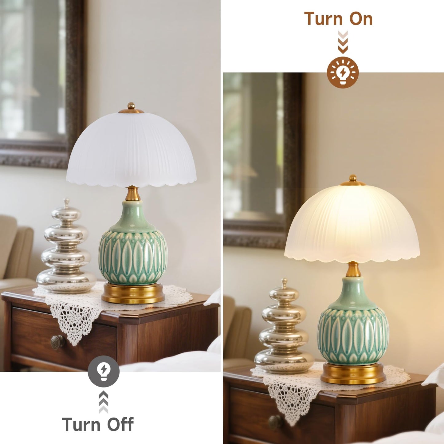 WELAISA Table Lamps Ceramic Retro Lamp for Living Room,15.7" Modern Bedside Nightstand Traditional Lamps, Classic Chinoiserie Green Glass Lamp for Home (Retro)