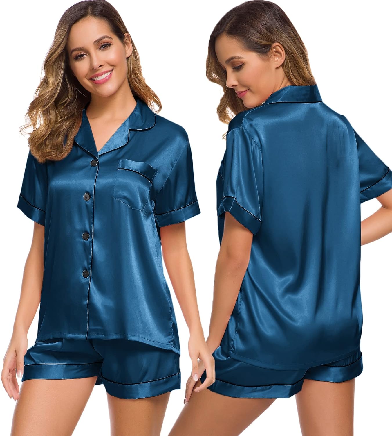 SWOMOG Womens Silk Satin Pajamas Set Short Sleeve Sleepwear Button Down Top and Shorts Loungewear 2 Piece Pjs Set XS-3XL