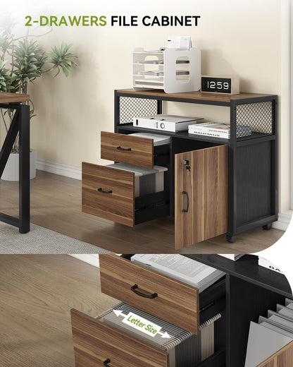 LITTLE TREE 63" L Shaped Executive Computer Desk and Drawer lateral File Cabinet, Dark Brown