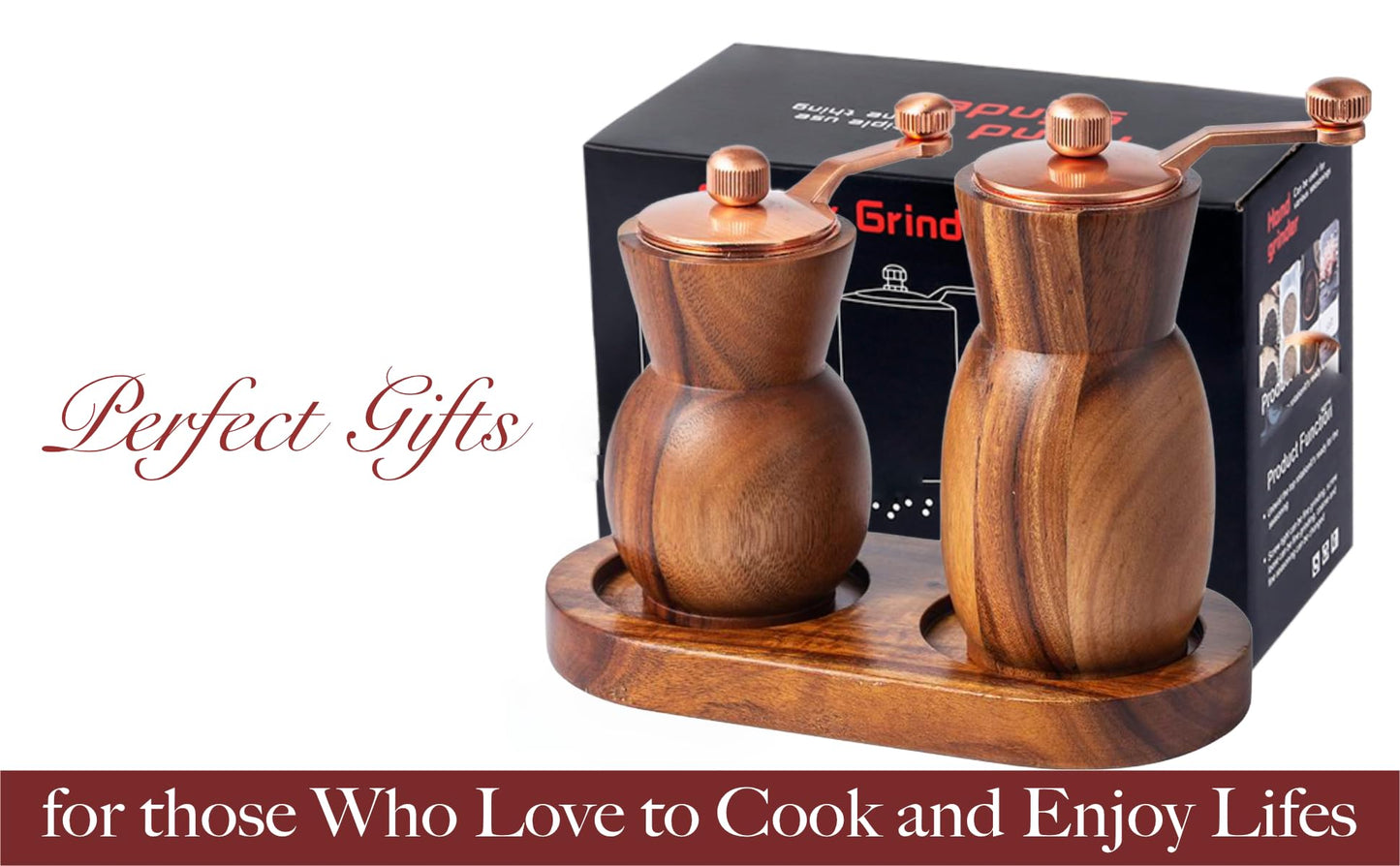 Stelalloy Pepper Grinder Pepper Mill - Salt And Pepper Grinder Set With Holder - Wood Salt and Pepper Shakers - Refillable Manual Spice Mill (3.5" Salt Grinder + 4.5" Pepper Mill)