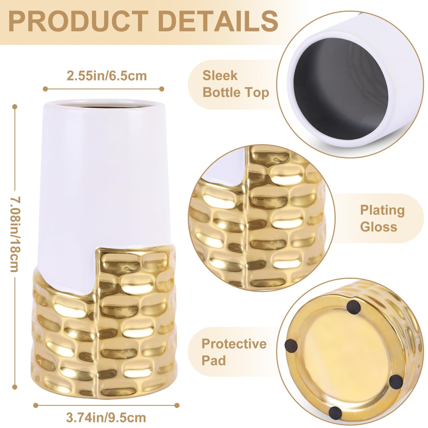 LCCCK 7.0" Gold Hammered Vase Home Decor, Elegant Ceramic White and Gold Flower Vase for Pampas Grass Decorative, Boho Small Cylinder Vases Centerpiece, Dining Table Living Room Jarrones Art