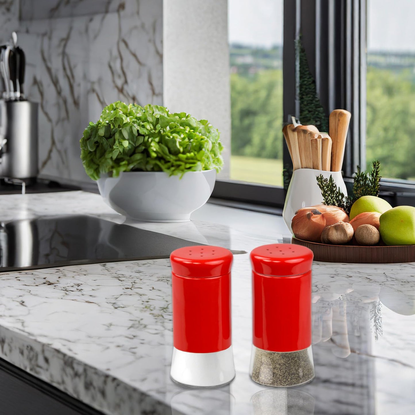 Retro-Styled Stainless Steel Salt and Pepper Shakers (Red), By Home Basics | 2 Piece Shakers for Salt, Pepper, Cumin, Cinnamon, Paprika, and More | With See-Through Glass Bases