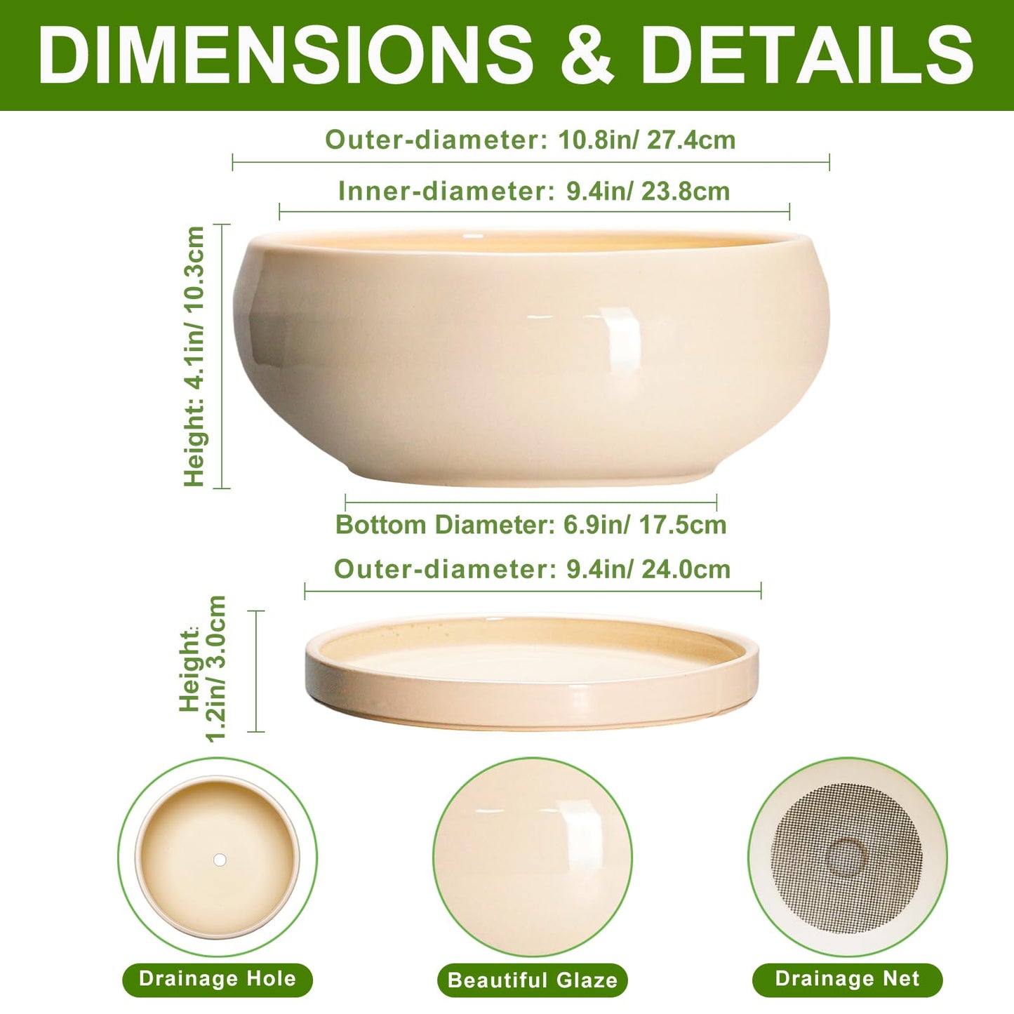 EPFamily Bonsai Pots - 10 Inch Ceramic Succulent Planters Indoor Outdoor, Bonsai Planters with Drainage Hole and Saucer, Round Shallow Planter, Bowl Planter, House Decor, Gifts for Plant Lover, Beige