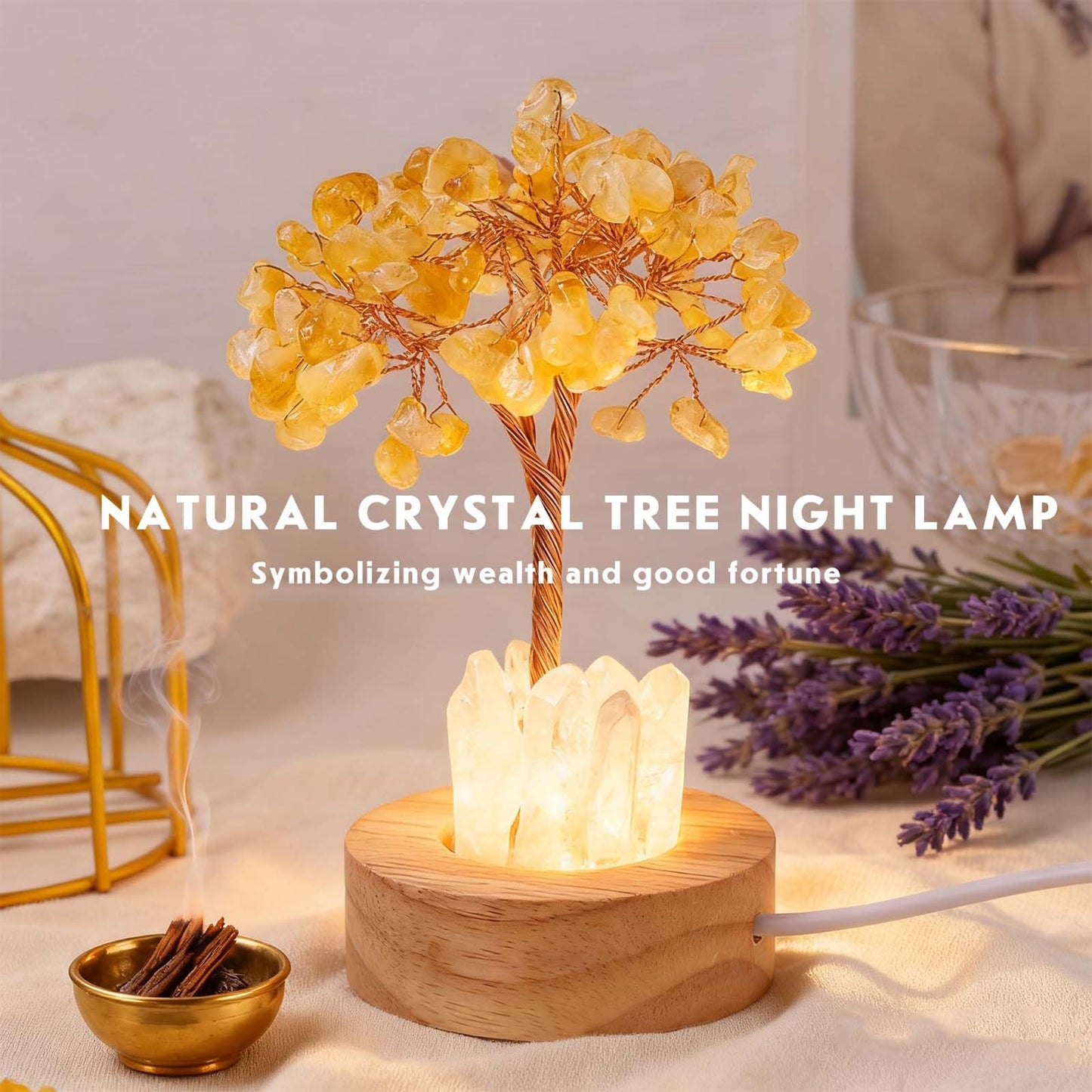 Runyangshi Runyanshi Citrine Money Tree Lamp - Abundance Crystal Night Light w/ 108 Natural Citrine Chips, Wood Base & USB Power, Manifestation Desk Decor for Wealth, Office, Gift