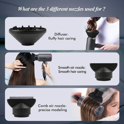 HappyGoo Hair Dryer Professional Ionic Hairdryer with 2 Speed 3 Heat Setting, Cool Shot Button, 1 Diffuser & 2 Concentrator, Hairdryers for Women & Man - Light Gray