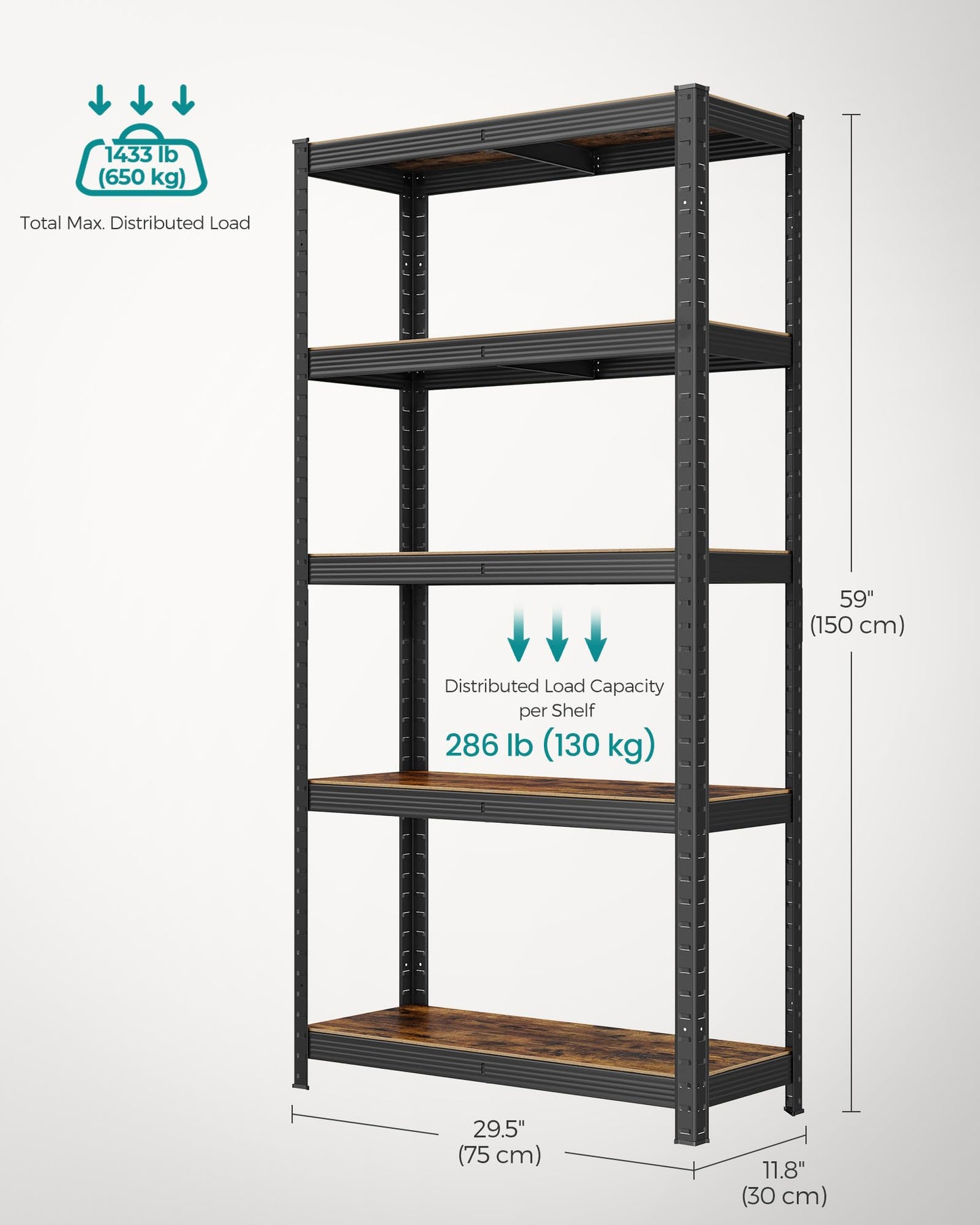 SONGMICS Shelving Unit, 30 x 75 x 150 cm, 650 kg Load Capacity (130 kg per Shelf), Industrial, Adjustable Storage Shelves, for Living Room, Kitchen, Garage, Rustic Brown and Black GLR030B01