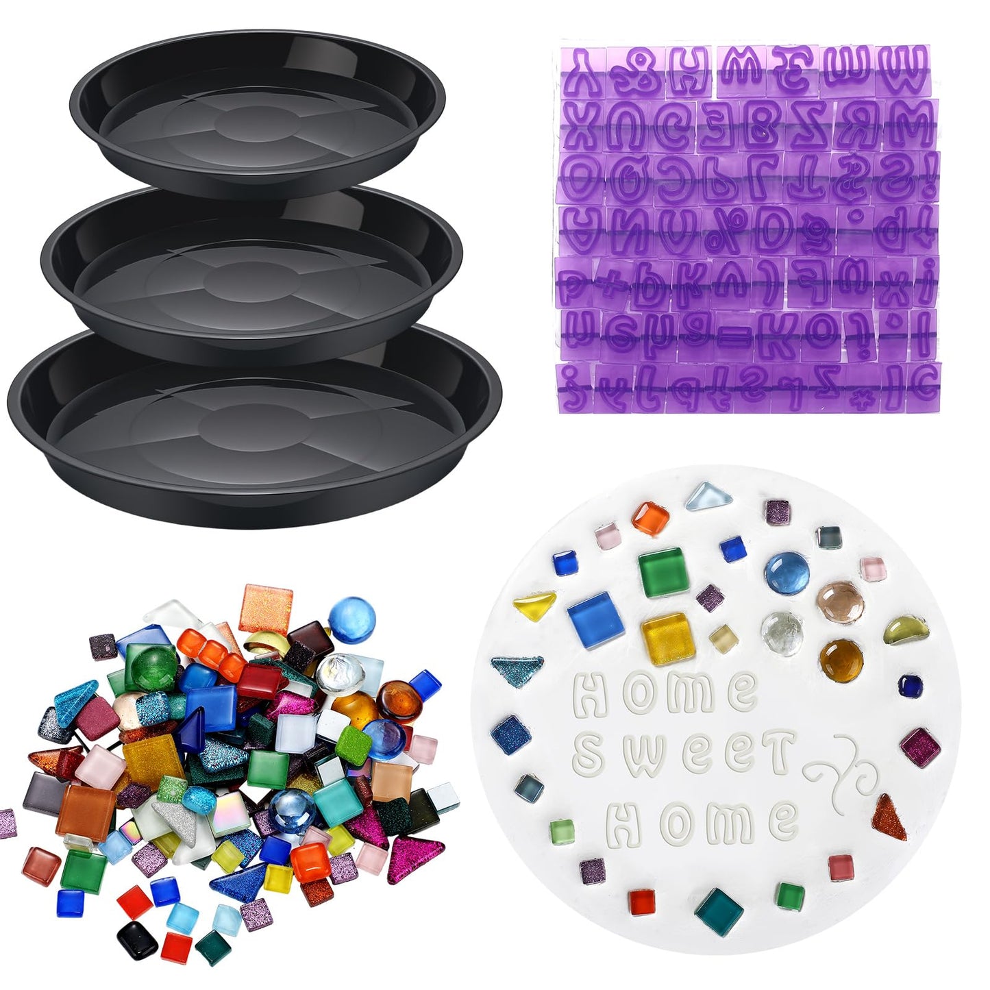 LOYIM 5 Pcs 3 Size Stepping Stone Kit for DIY Outdoor Garden Stepping Stone Includes Cement Molds Mosaic Tiles and Concrete Letter Stamps No Concrete Mix(Black)