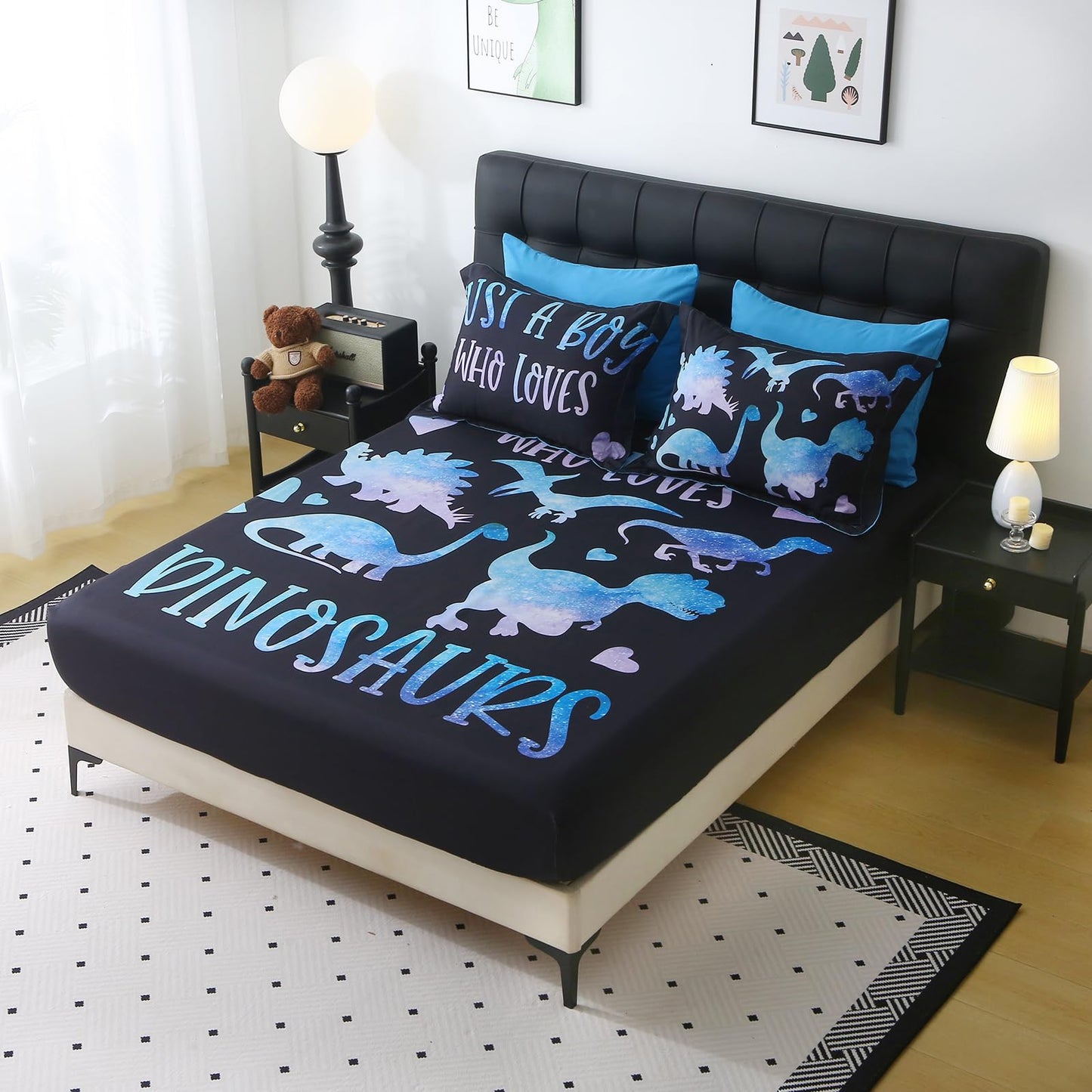 Jameswish 7 Piece Boys Dinosaur Comforter Set Twin Size Blue Dinonsaur Soft Microfiber Bed in A Bag with Comforter,Sheet Set,Pillowcase and Sham for Child Teens All Season