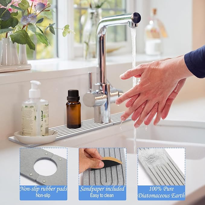 Stone Faucet Mat for Kitchen Sink- 15.6''x 3.9''Diatomite Fast-Drying Faucet Mat