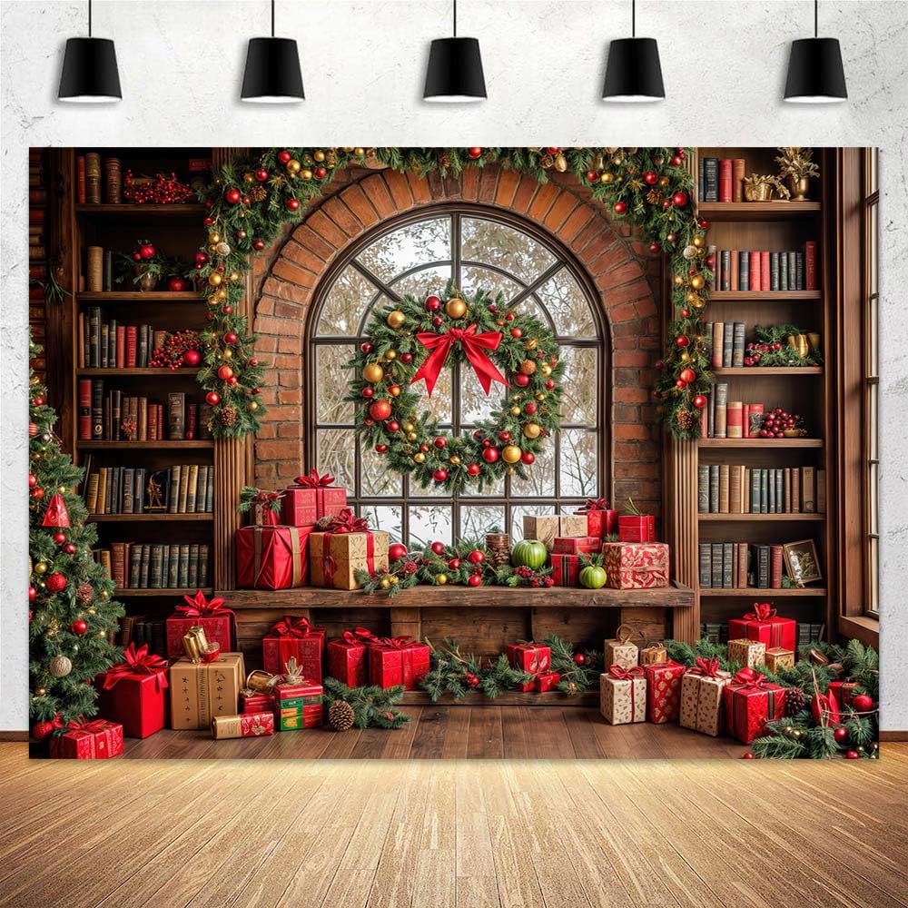 10X8ft Christmas Window Backdrop Green Xmas Pine Tree Gifts Background Winter Snow Scene Holiday Wonderland Snowflake Photography Background Forest Christmas Party Decoration Photo Studio Props