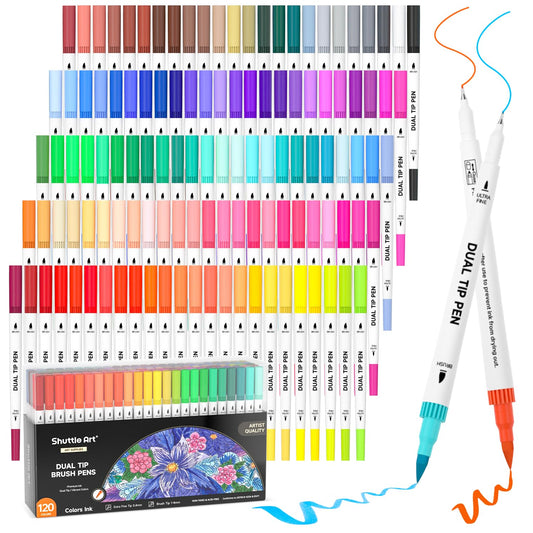 120 Colors Dual Tip Brush Marker Pens with 1 Coloring Book, Fineliner and Brush Dual Tip Markers Set, Water-based Ink Perfect for Kids Adult Artist Calligraphy Hand Lettering Journal Doodling Writing