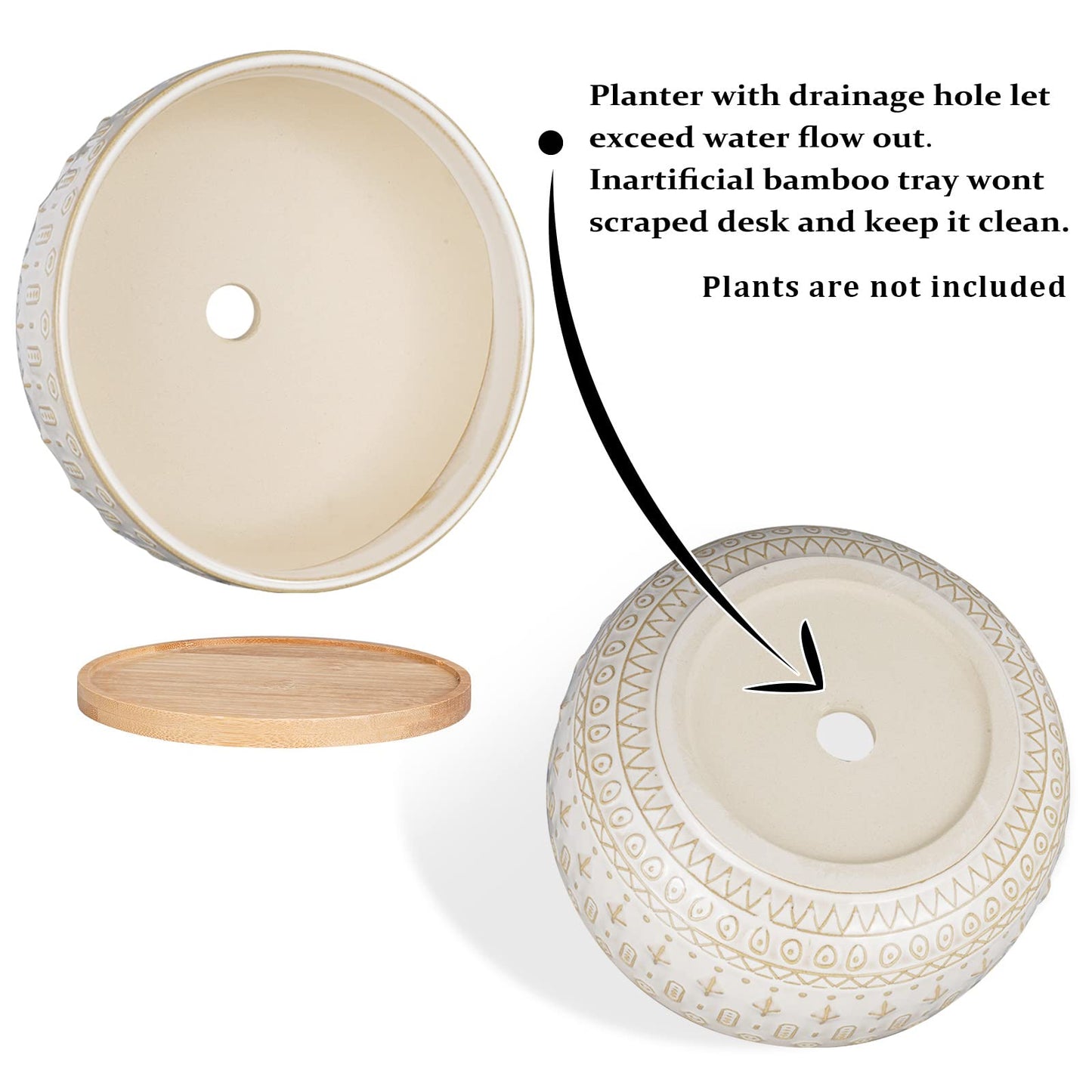 Fivepot 8 Inch Ceramic Succulent Planter Pots with Drainage Hole Flower Pot for Indoor Plants Round Shallow Bonsai Pot with Bamboo Tray White