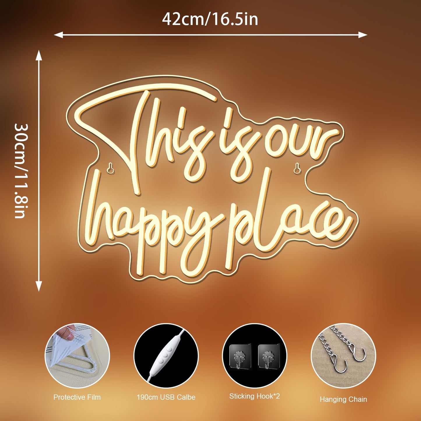 NOSUN This is Our Happy Place Neon Sign,Neon Signs for Wall Decor Happy Place Warm White LED Light Room Decor for Bedroom Classroom Man Cave Home Bar Birthday Party Decor Neon Classroom Sign Dimmable USB Power