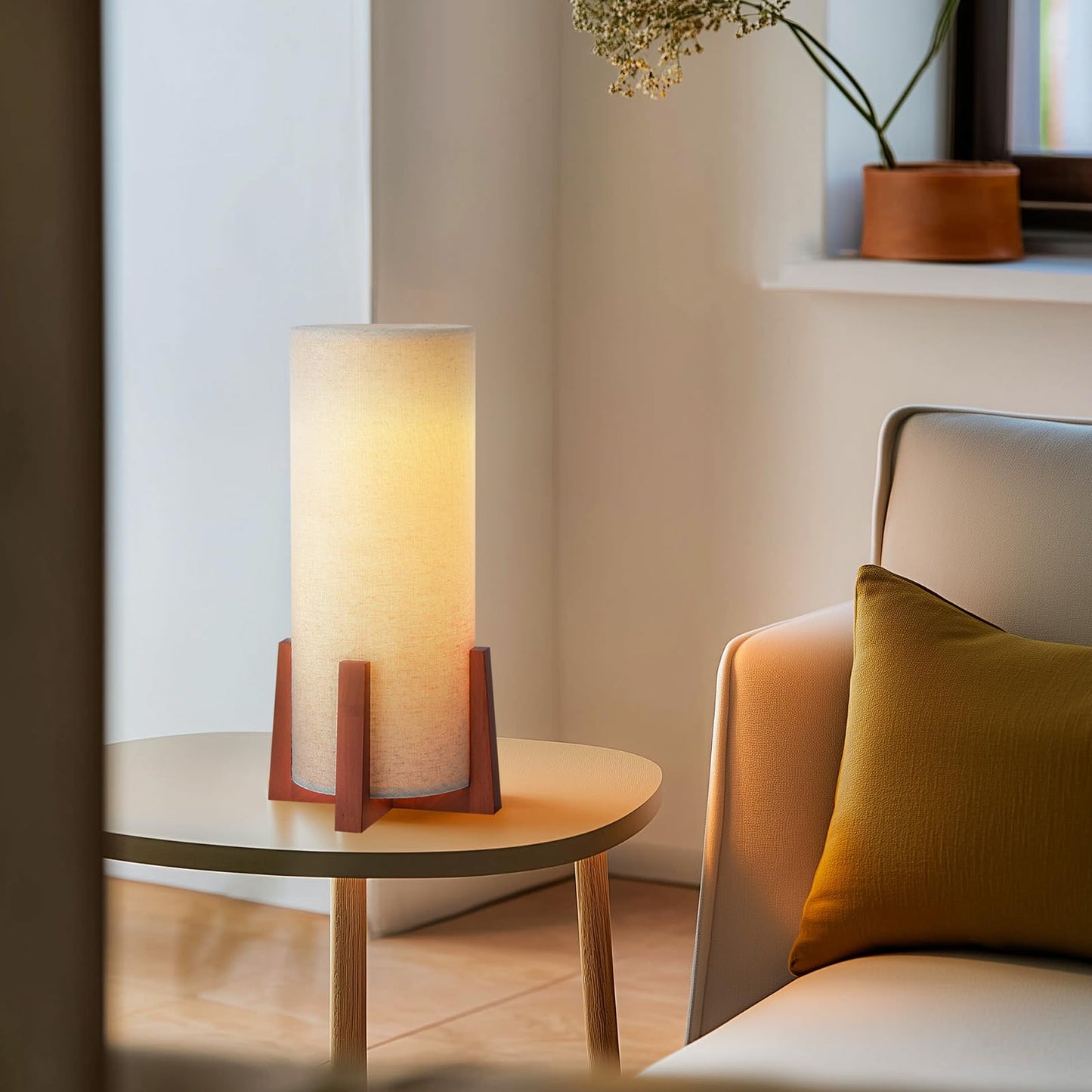 Fengarolam Modern Small Table Lamps, Nightstand Lamp with Linen Fabric Shade, 13.97" Cylinder Wood Base Bedside Table Lamp for Bedroom Office Living Room Home Decor