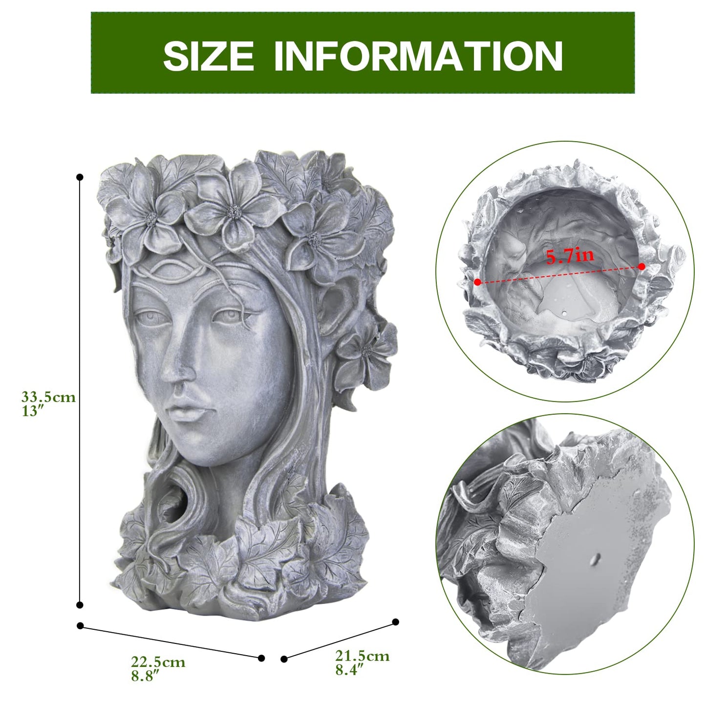 Sungmor Creative Goddess Head Planter Statue for Garden Ornaments | 9×9×14 Inch Premium Resin | Cool Face Large Diameter Flower Pot for Patio Lawn Garden Yard Decor