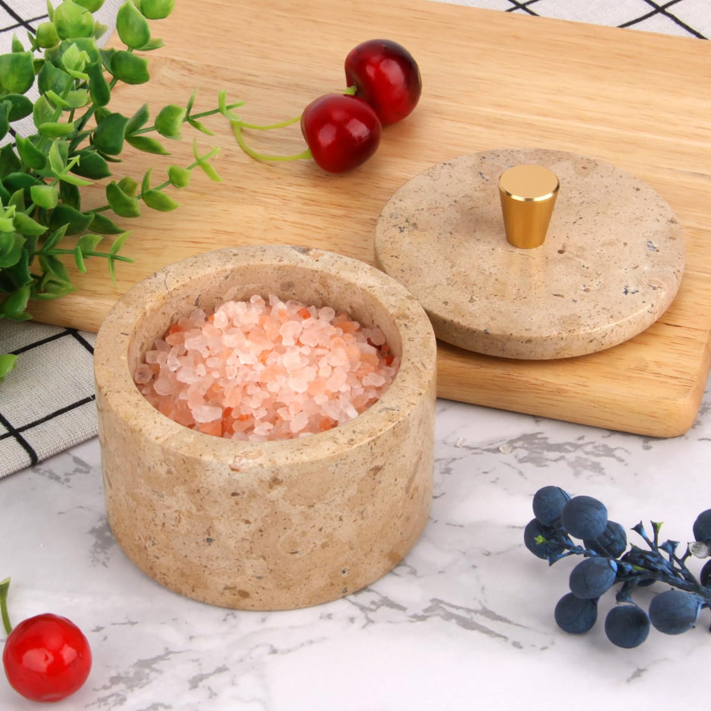 Stonemanus Marble Salt Cellar with Lid, 4 inch Natural Stone Salt Pepper Box, Alloy Lid for Kitchen Countertop Storage (Mud yellow, 4 * 3.5)