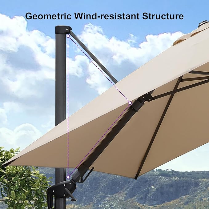 PURPLE LEAF 8.8' X 8.8' Right-left Tilt Patio Umbrella with Base Outdoor Cantilever Swivel Square Umbrella with Tilt Aluminum Offset Umbrella with 360-degree Rotation for Garden Deck Pool Patio Beige