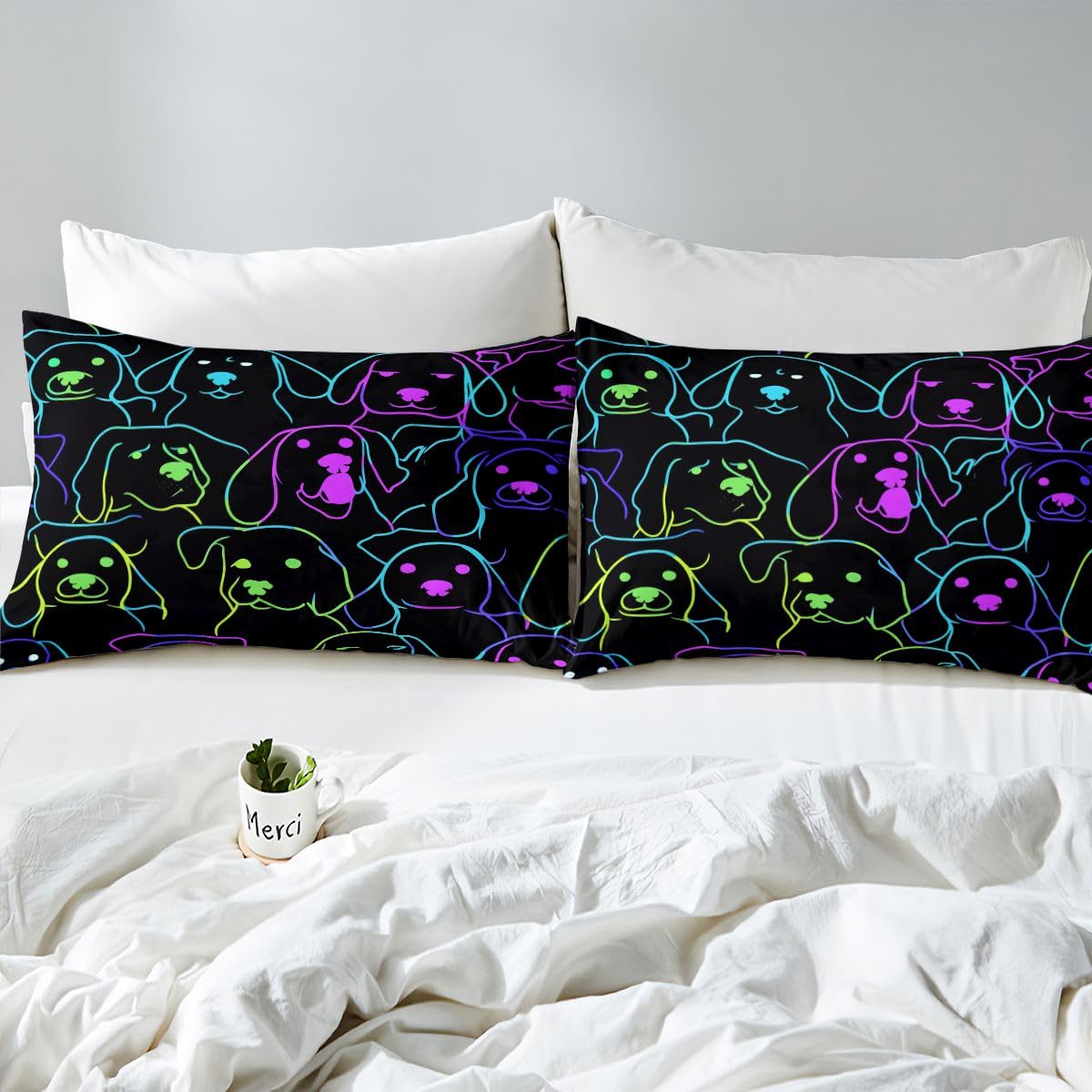 Erosebridal Dog Themed Bedding Full Cute Simple Strokes Animal Comforter Cover for Kids Boys Girls Soft 3 Pcs Duvet Cover, Rainbow Bright Colorful Pet Kawaii Puppy Pattern Bedspread