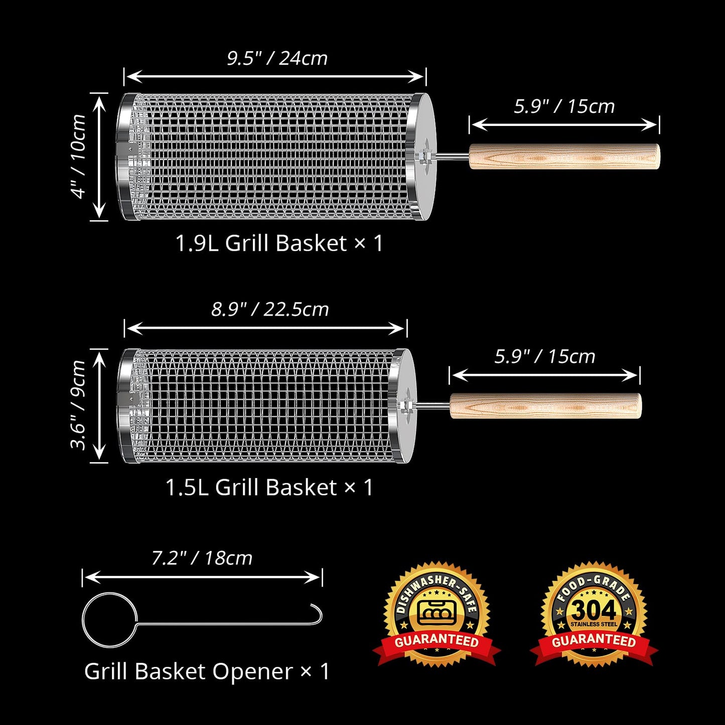 Rolling Grill Basket, Removable Wooden Handle, 304 Stainless Steel, Nesting Grilling Net, BBQ Accessories Tools for Vegetables Shrimp, Outdoor Cooking Camping, Birthday Gifts for Men Dad Husband