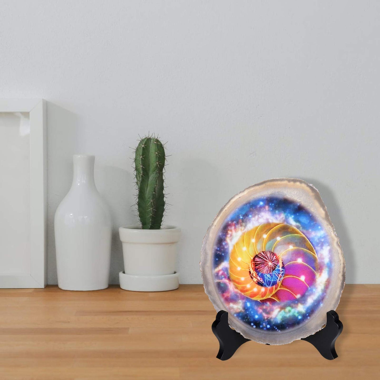Rockcloud Colorful Space Agate Slab Display with Wooden Stand Irregular Shape Agate Slice Stone Home Office Desk Ornament, 3.9"-4.7"