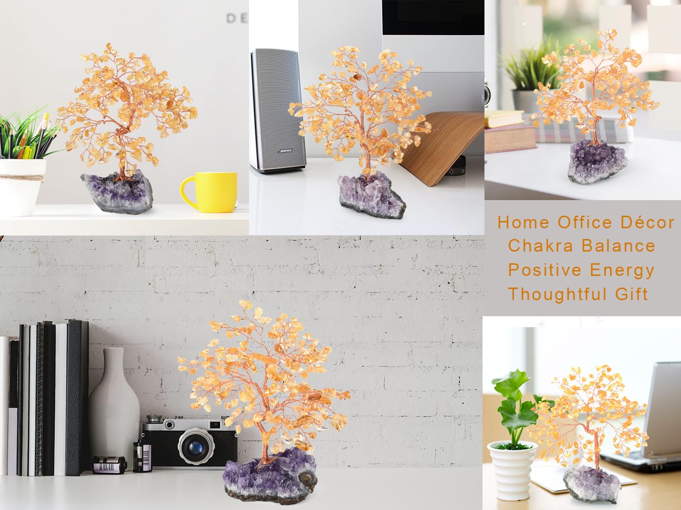 MASGEMES Natural Citrine Crystal Tree with Amethyst Geode Base,Crystal Ornaments Feng Shui Bonsai Money Tree,Chakra Balancing Positive Energy Figurings Decor 5.5"-6.3"