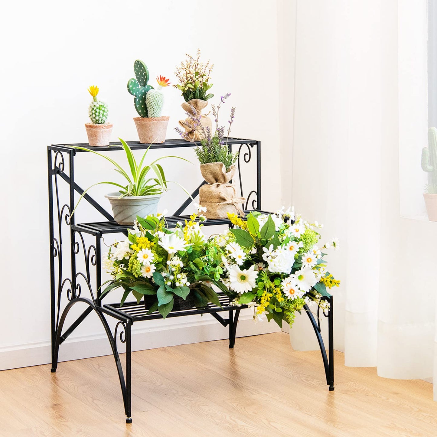 Giantex 3 Tier Metal Plant Stand, Black Corner Plant Stand Indoor w/ Widened Grid Shelf & Non-Slip Foot Pads, Display Rack Holder for Outdoor Porch Garden Patio Balcony