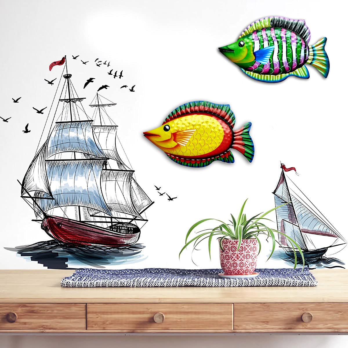 N\A NA 2Pcs Metal Fish Wall Art Decor, Metal Fish Wall Sculptures, Ocean Themed Metal Art Wall Decor, Metal Tropical Fish Art Wall Decoration (Green, Yellow)