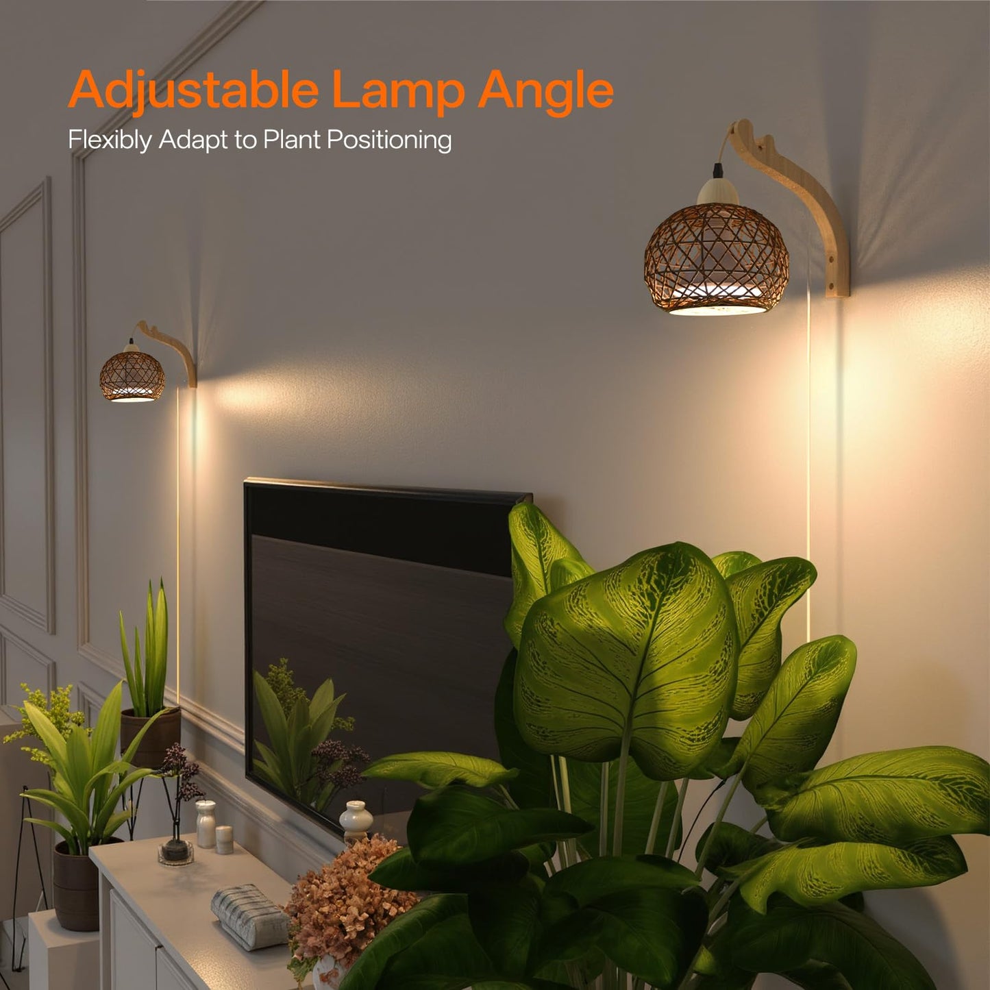Bstrip Hanging Grow Lights for Indoor Plants, 18W Full Spectrum Plant Light, Boho Rattan Lantern Shade, 3800K Wall-Mounted Decorative Grow Light with 9.8FT Power Cord for Indoor Plant Growing, Flowers