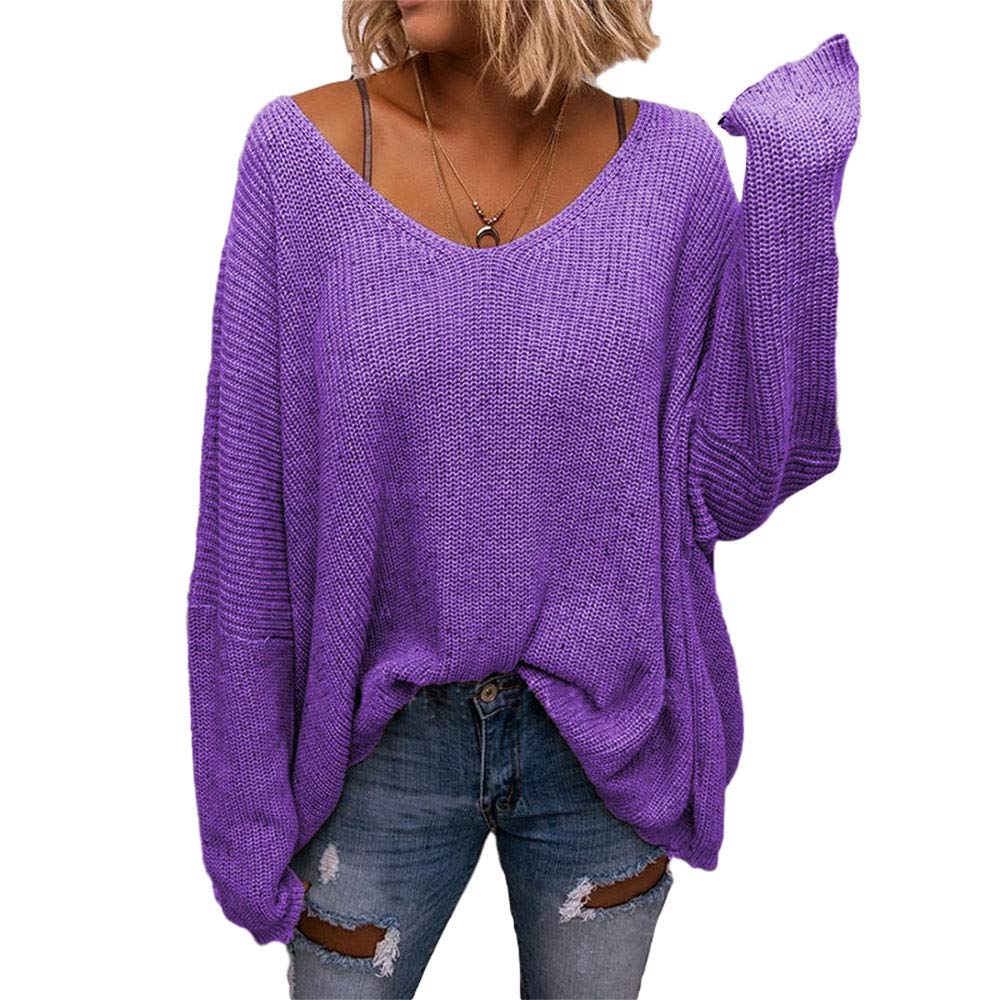 BZB Women's V Neck Long Sleeve Knit Loose Oversized Pullover Sweater Top