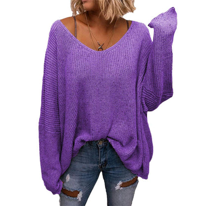 BZB Women's V Neck Long Sleeve Knit Loose Oversized Pullover Sweater Top