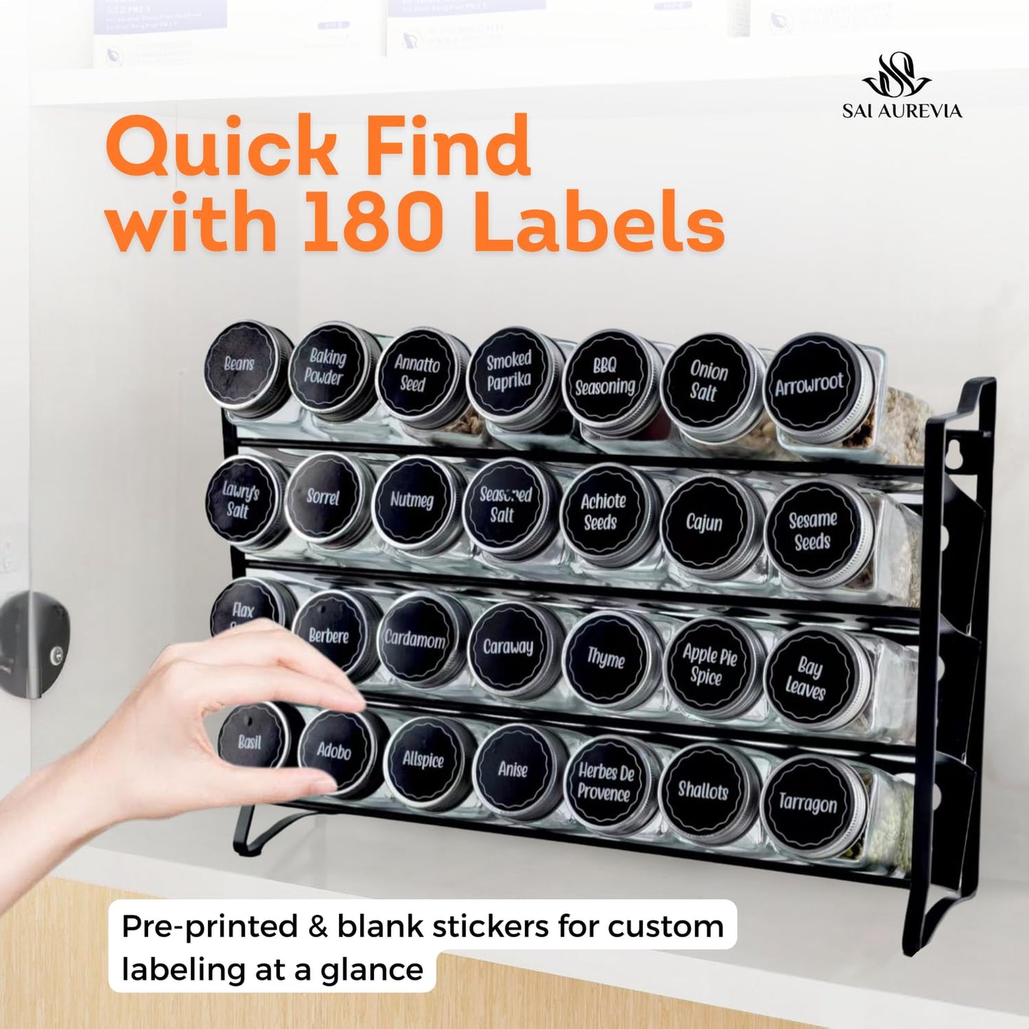 SAI AUREVIA - 28-Jar Spice Rack Organizer with 4-Tier Metal Stand | Complete Set with Glass Jars, Labels & Funnel | Space-Saving Kitchen Spice Storage (Wall or Countertop Mount)