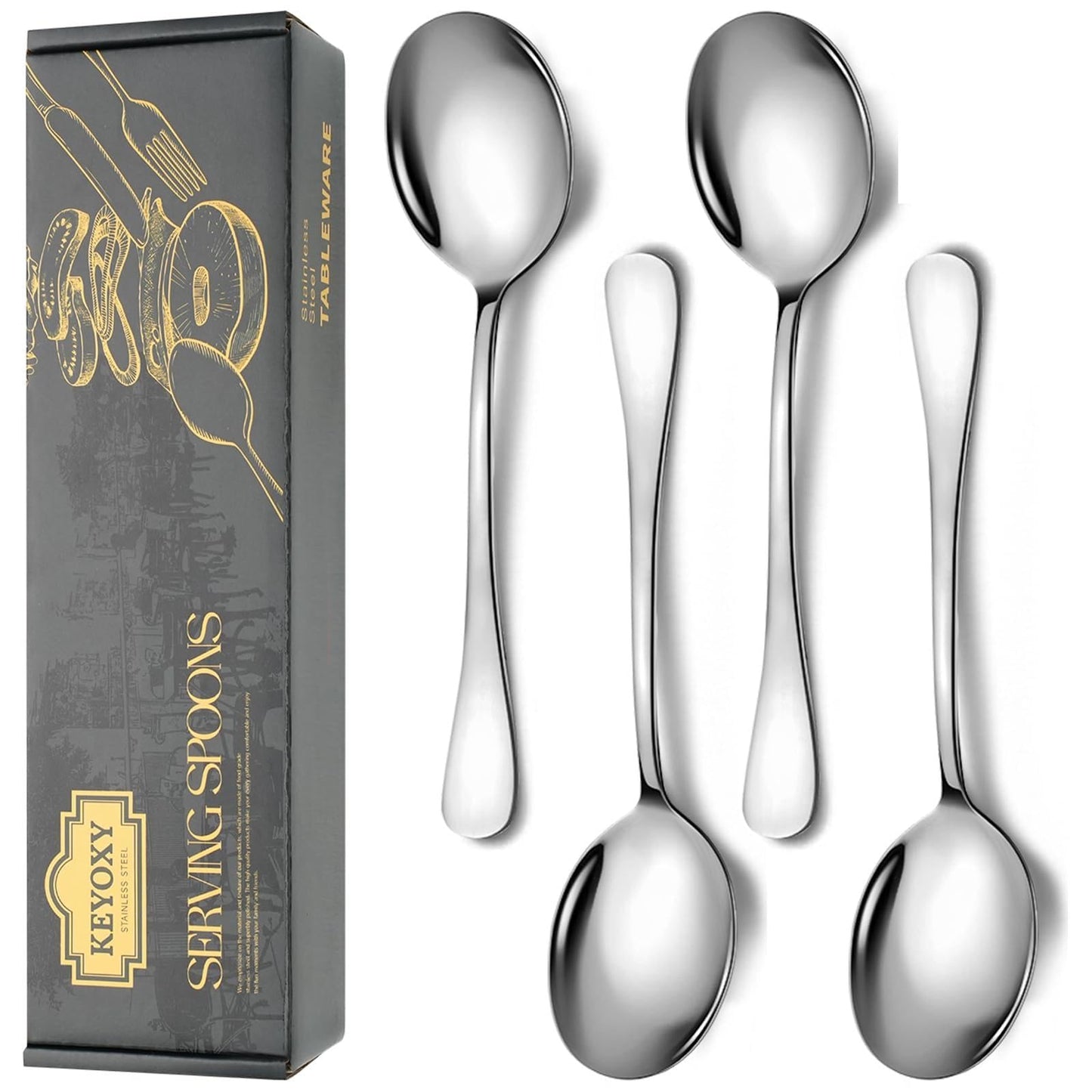 Keyoxy 4 Piece Stainless Steel Serving Spoons Set, 10-Inch, Includes 4 Large Spoons, for Parties/Kitchen/Buffet/Catering, Dishwasher Safe,