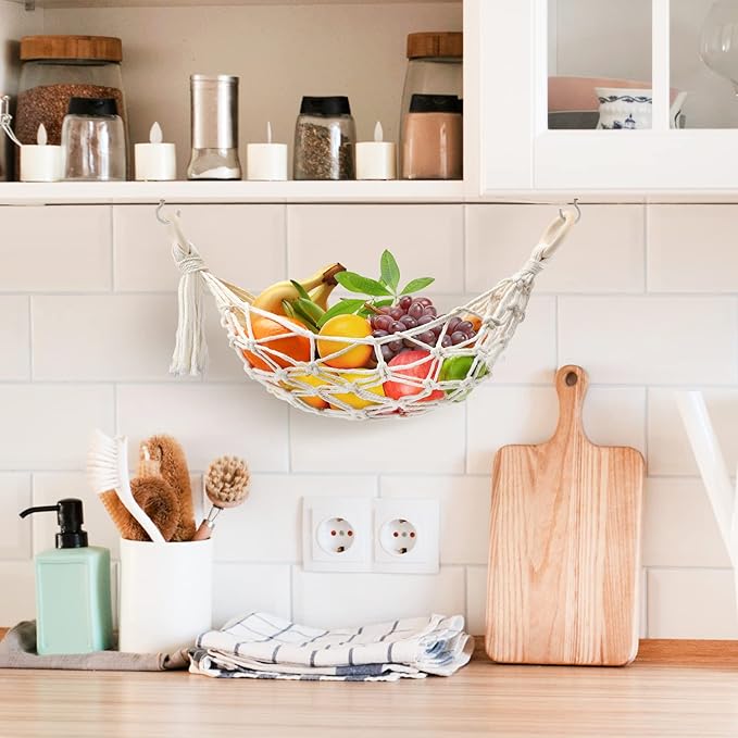 Hanging Fruit Hammock with Hooks, Hanging Fruit Basket Under the Kitchen Cabinet