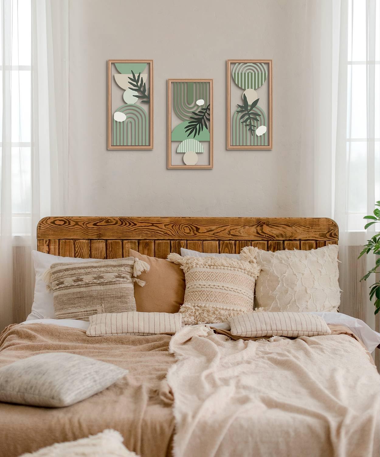 Putuo Decor Boho Wall Art Set of 3, Green Botanical Wooden Wall Decor, Abstract Aesthetic Room Decorations, Mid-Century Modern Artwork for Living Room, Bedroom, Office Green 16.5 x 8.6 inch