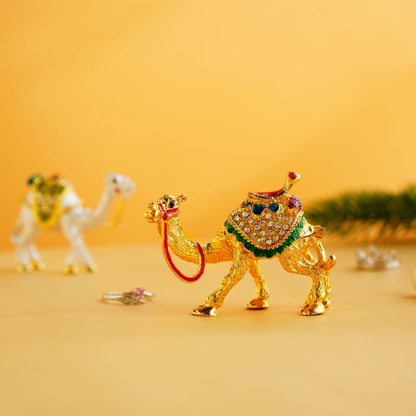YU FENG 2.4" Golden Crystal Camel Figurines Decor Ornament,Golden Enamel Camel Statues Animal Trinket Jewelry Box Hinged Christmas Gift