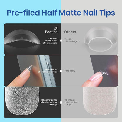 Beetles Gel Nail Extension Kit Almond Shape, Easy 9 in 1 Glue Uv Led Set Etch X Nail Tips Short Almond Half Matte Tips, Gift for Women & Girls, 504 pcs