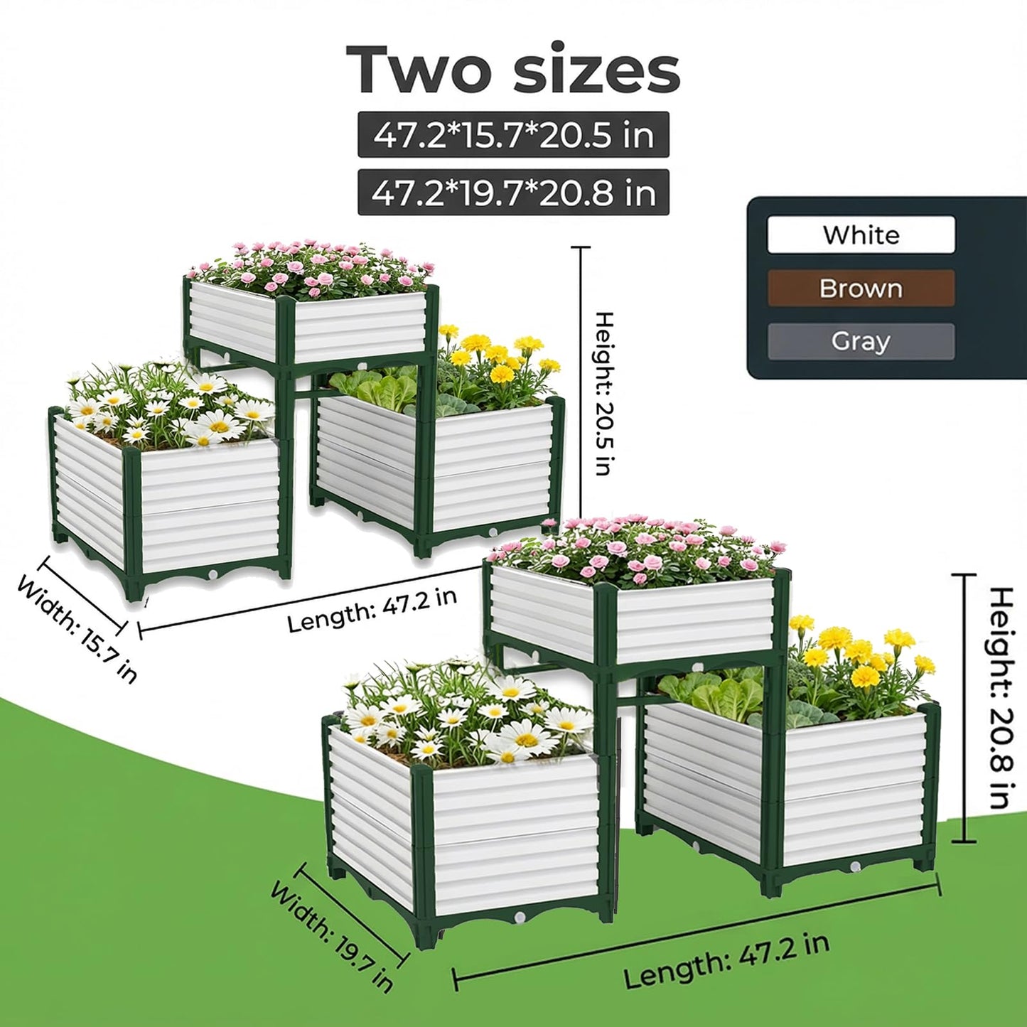 3PCS Raised Garden Beds Outdoor with Legs Planter Box, 47x20x21in Reinforced Support Rods, Drainage Grid, Multi-Combination Options for Vegetables, Flowers, Herbs, Ideal for Balcony, Patio Gardening