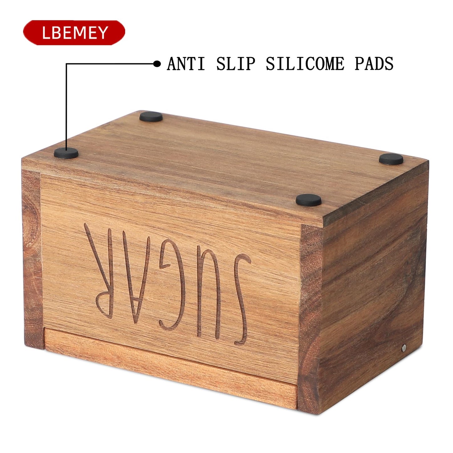 Acacia Wood Spice Box with Lid and Built-in Spoon for Kitchen Countertop, Rectangle Farmhouse Kitchen Decoror for Storing Salt, Peppers, Sugar or Seasonings, Brown (Labeled - “SUGAR”)