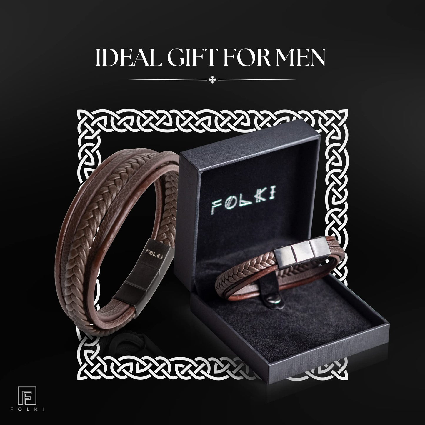 FOLKI Men's Leather Bracelet in Black and Brown - Stainless Steel Magnetic Clasp - Leather Wristband for Men - Jewellery for Men with Premium Box - Best Gift Ideas for Men