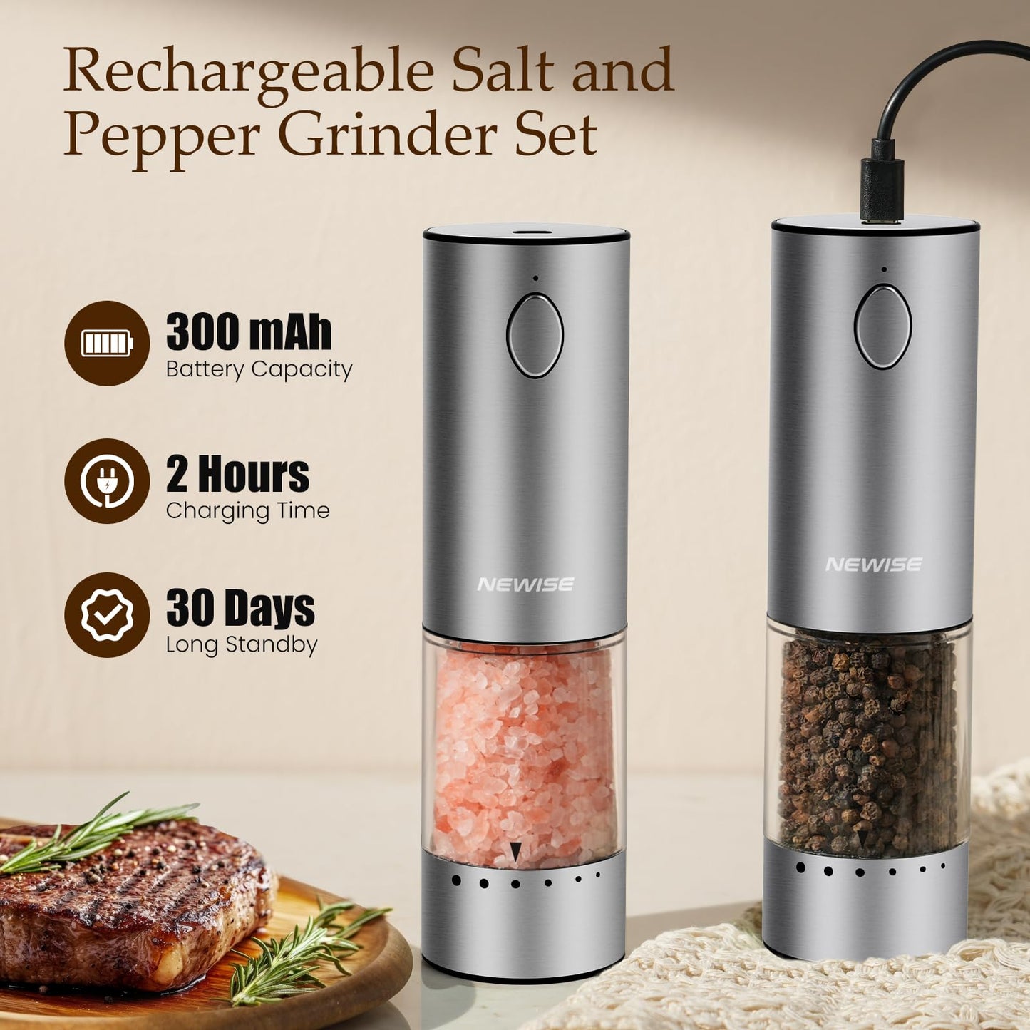 Newise Electric Salt and Pepper Grinder Set - Rechargeable Stainless Steel Salt and Pepper Shakers with LED Lights, Adjustable Coarseness, Large Capacity, Kitchen Appliances Gifts for Women