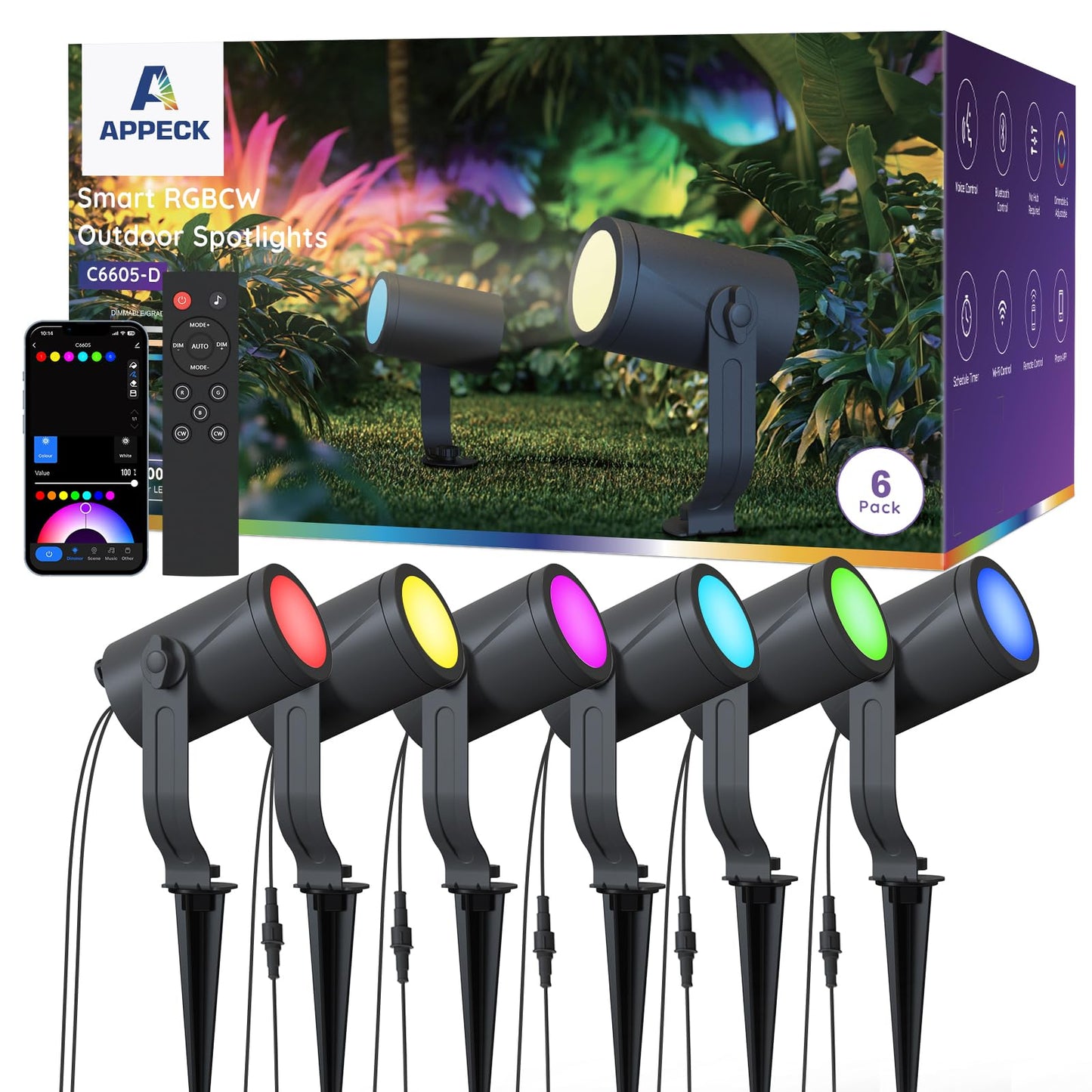 APPECK Smart Landscape Lighting Kit 36W, RGBCW Smart Landscape Lights 6 Pack, IP65 Waterproof Outdoor Spotlights, Alexa/Google Assistant Compatible, for Garden Pathway Yard Holiday Decor